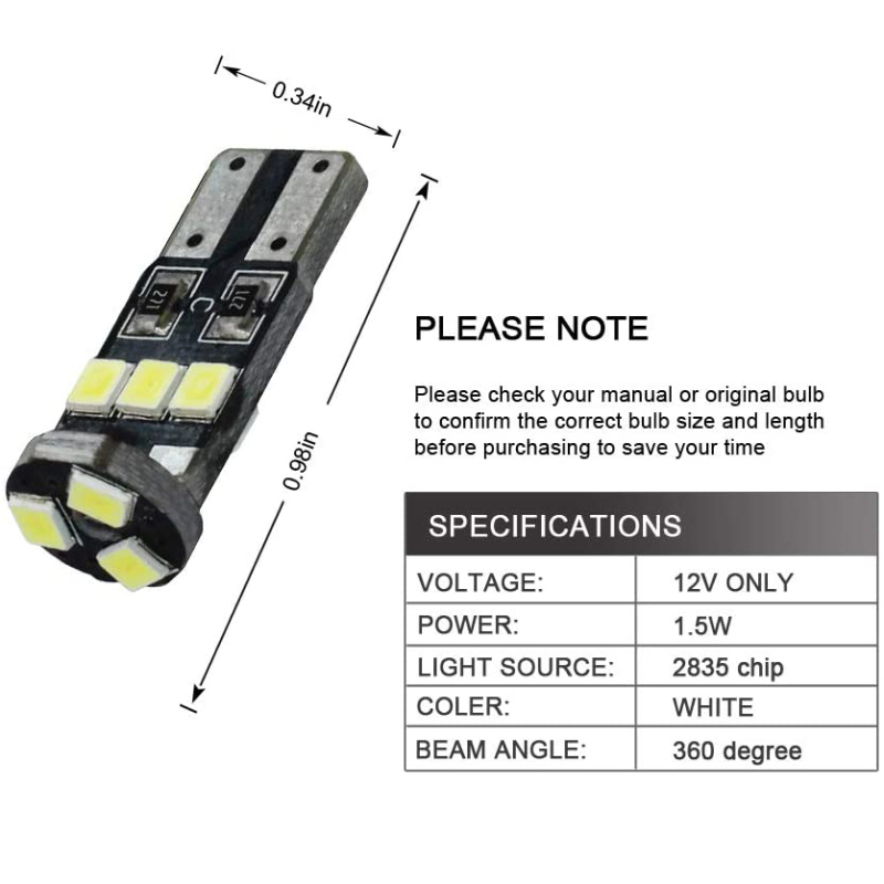 2x T10 LED W5W Car Interior Replacement Lights 168 194 2825 Wedge Bulbs Dashboard Side Marker Light Map Dome Lamp