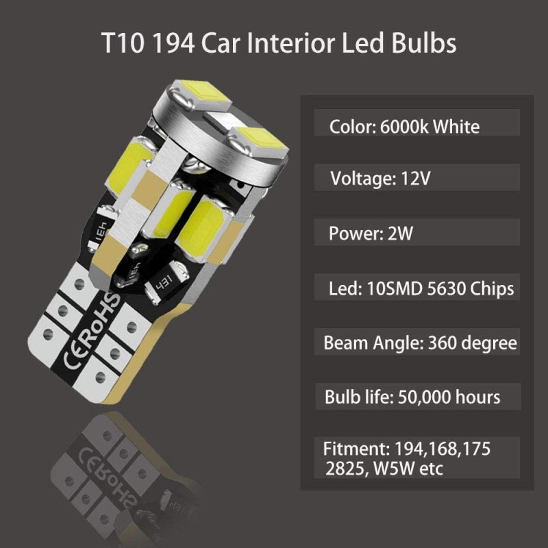 2x Led T10 168 194 Bulbs W5W 912 for Car Interior Light Dome Map Door Courtesy License Plate Light