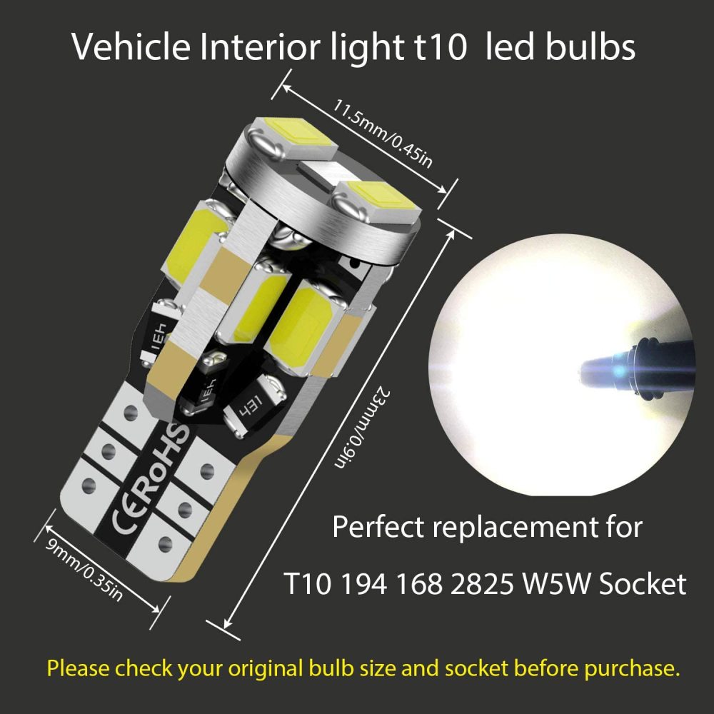 2x Led T10 168 194 Bulbs W5W 912 for Car Interior Light Dome Map Door Courtesy License Plate Light