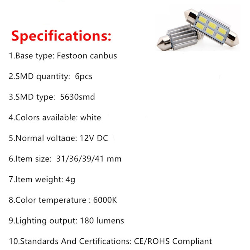 4x Festoon LED 31mm 36mm 39m 41mm C5W for Car Dome Reading Lights