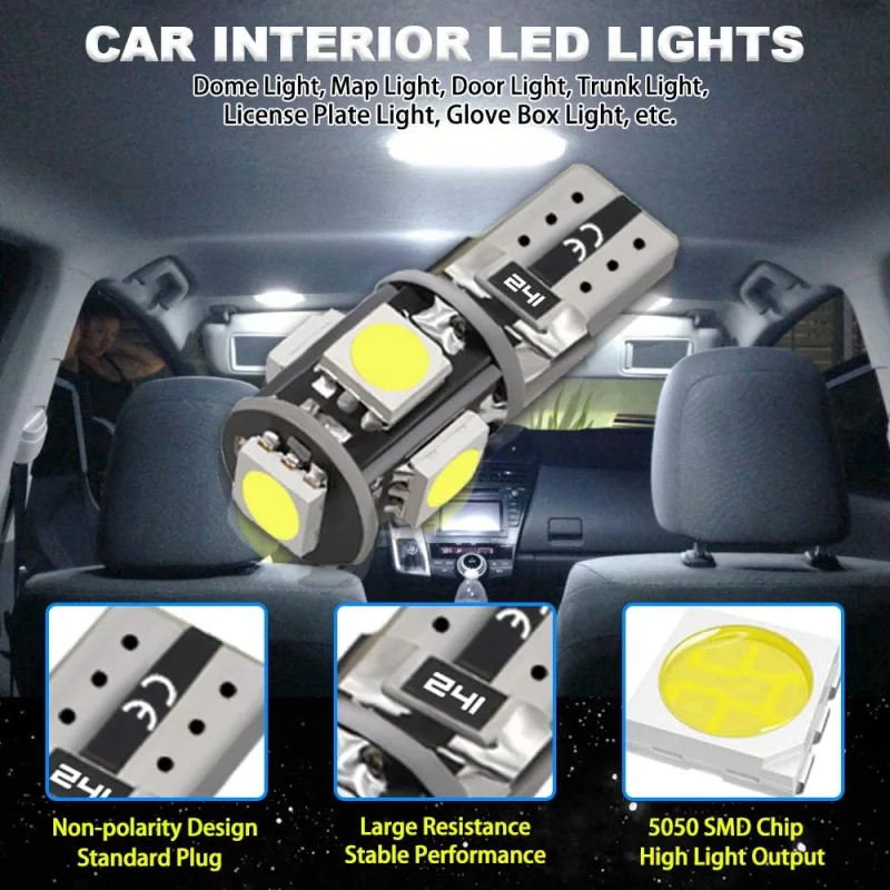 10x T10 194 168 2825 W5W LED Bulbs for Car Interior Dome Map Door Courtesy Width Ambient Lights