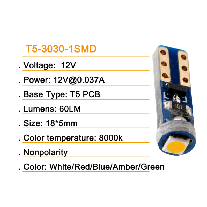 10x T5 W3W W1.2W T5 W2X2.6d PCB Car Led Dashboard Warming Indicator Wedge Light