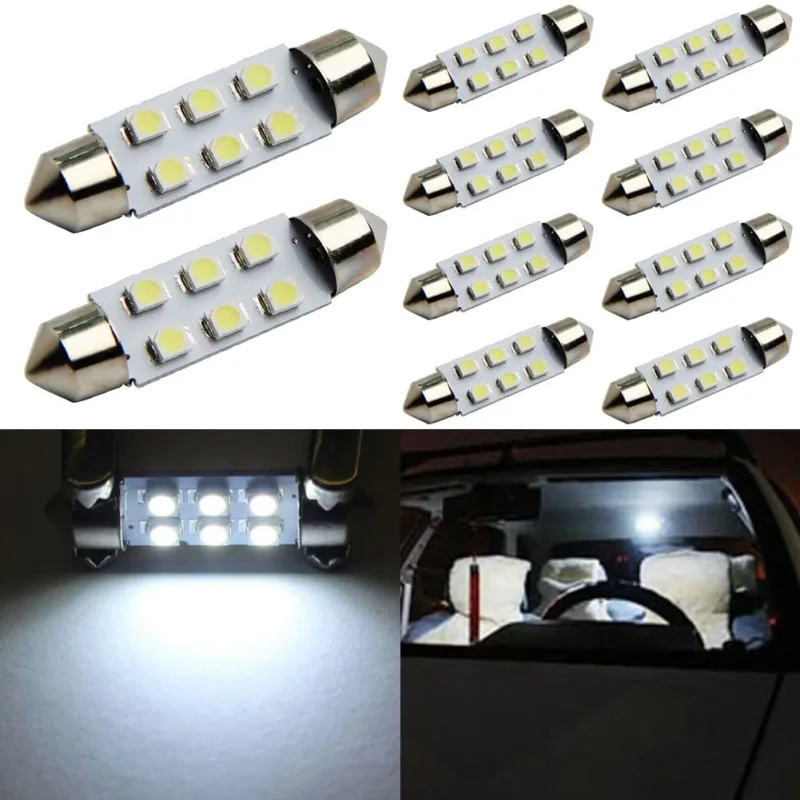 10x 31/36/39/41mm 1210 3528 6 LED Car Festoon Dome Light Bulbs