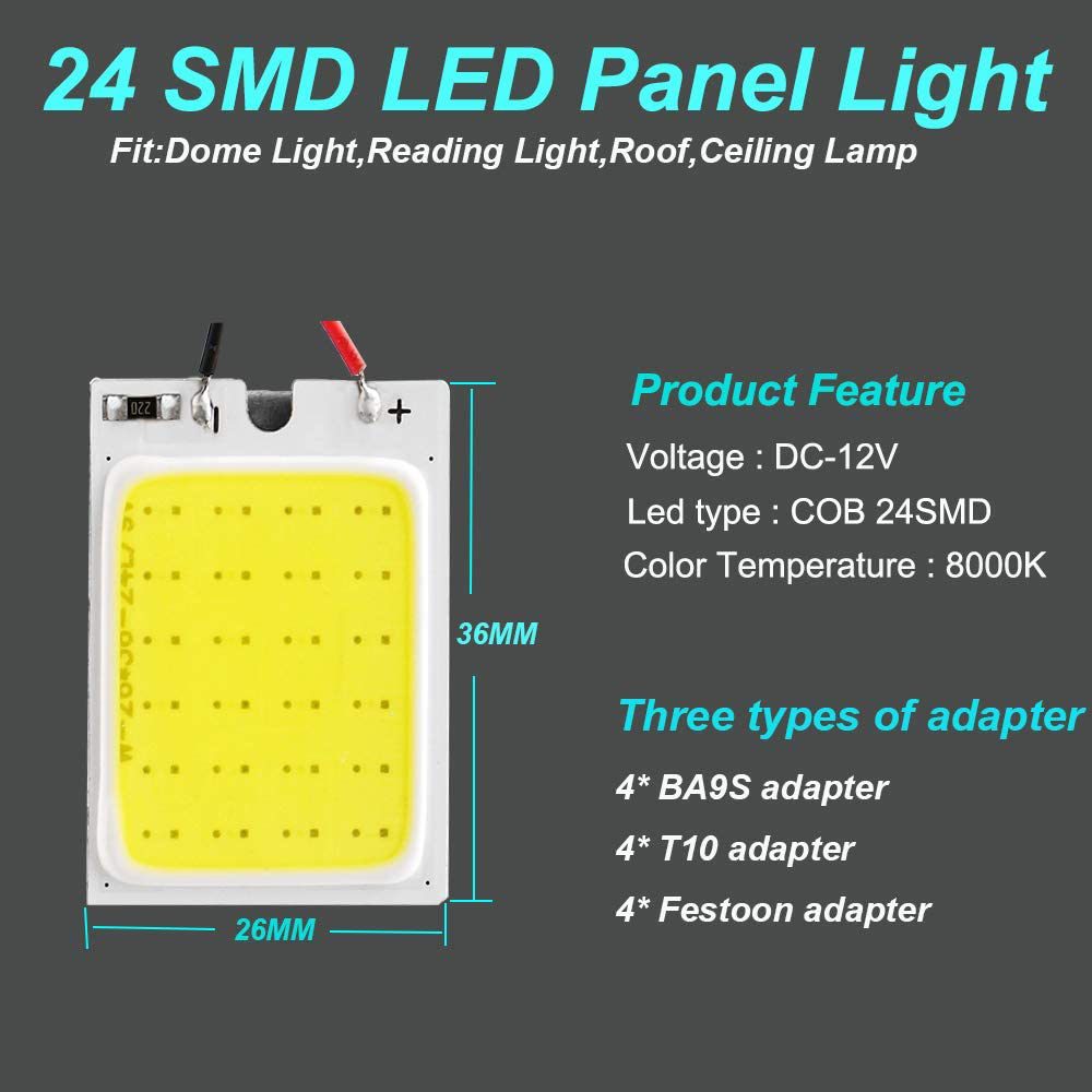 4X Led Dome Panel Light Bulb for Car Trucks Dome Map Reading Roof Ceiling with BA9S T10 Festoon Adapter