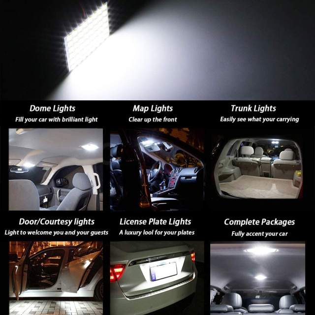 2x 5730 48SMD LED Panel Dome Light Car Interior Reading Plate Light Roof Ceiling Wired Lamp+T10 BA9S Festoon Adapters