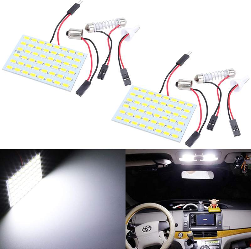 2x 5730 48SMD LED Panel Dome Light Car Interior Reading Plate Light Roof Ceiling Wired Lamp+T10 BA9S Festoon Adapters