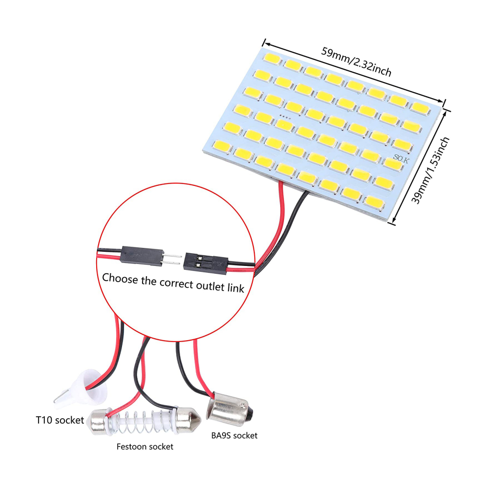 2x 5730 48SMD LED Panel Dome Light Car Interior Reading Plate Light Roof Ceiling Wired Lamp+T10 BA9S Festoon Adapters