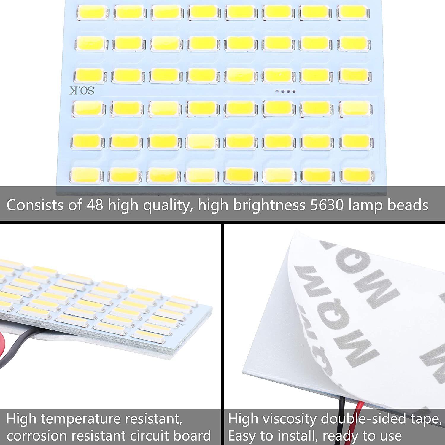 2x 5730 48SMD LED Panel Dome Light Car Interior Reading Plate Light Roof Ceiling Wired Lamp+T10 BA9S Festoon Adapters