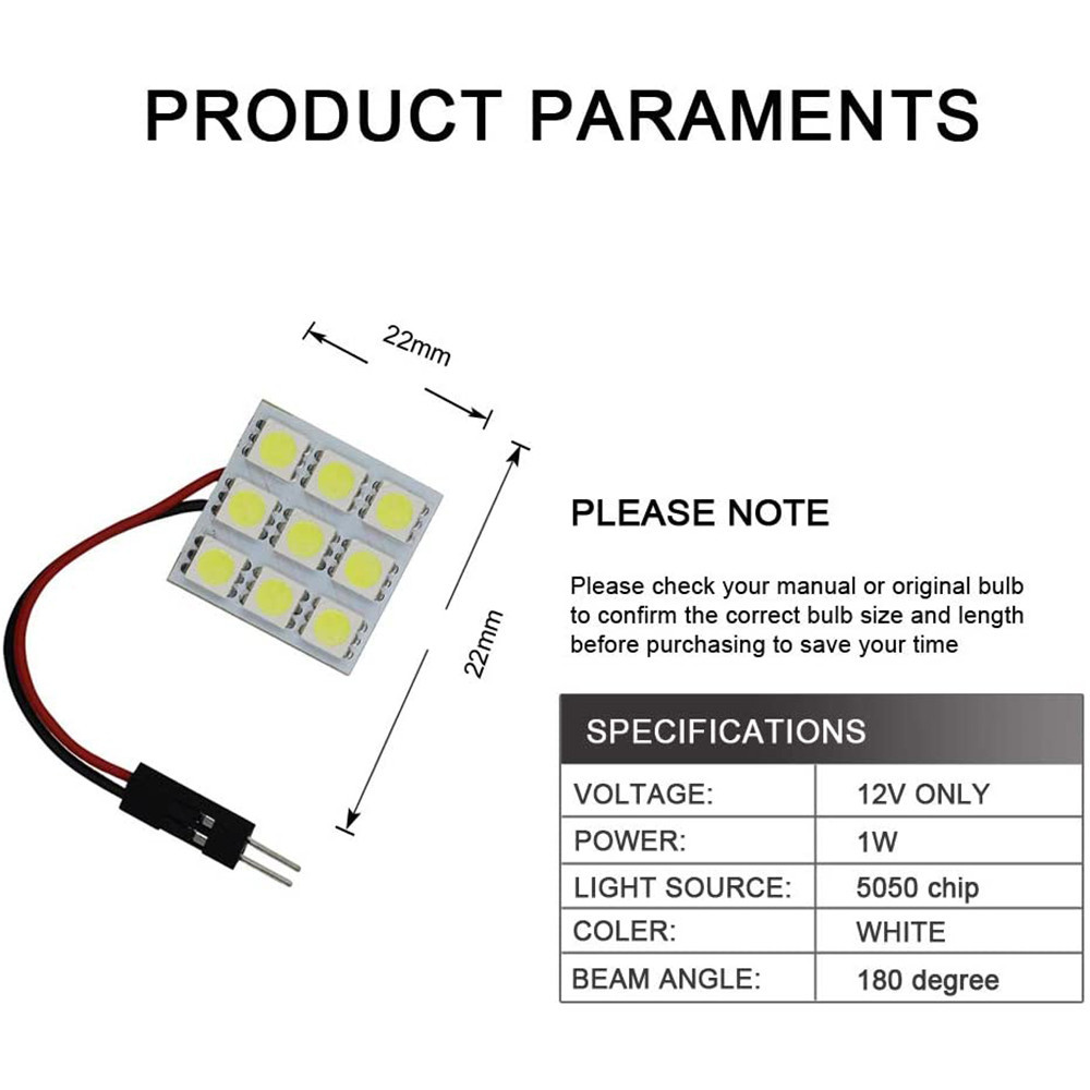 4x 5050 9SMD LED Panel Dome Light for Car Interior Reading Roof Ceiling Lamp with T10 / BA9S / Festoon Adapters