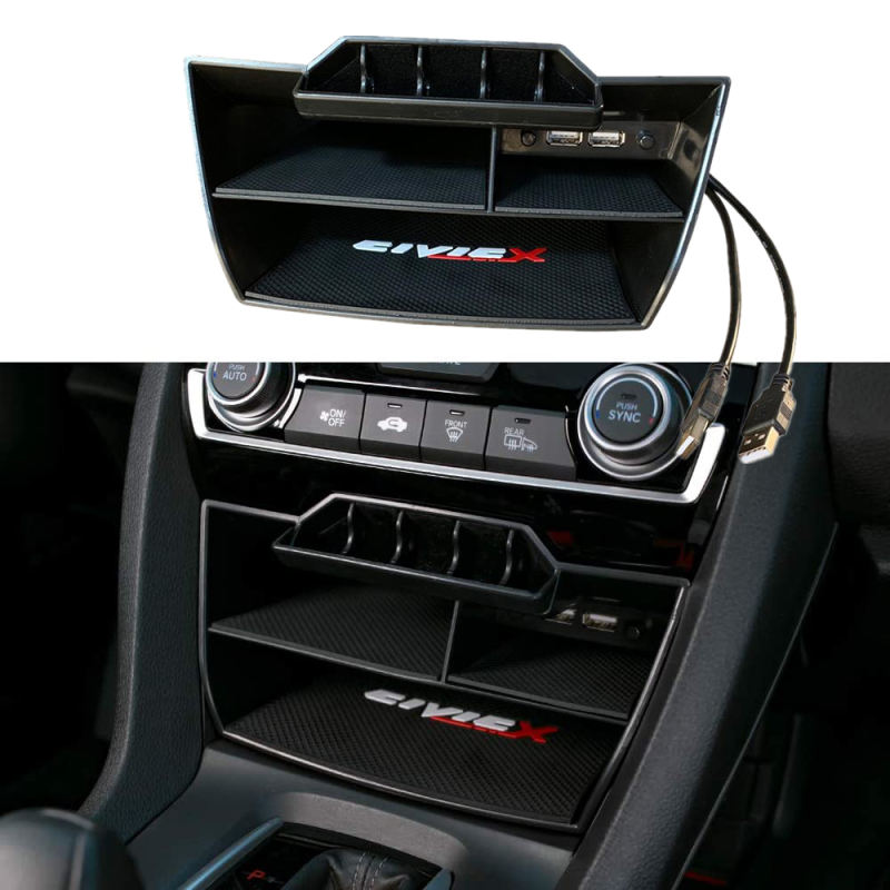 10th Gen Civic Central Console Storage Box Coins Trays Cards Organizer with USB Extension Cable for Honda Civic Sedan 2016 2017 2018 2019 2020