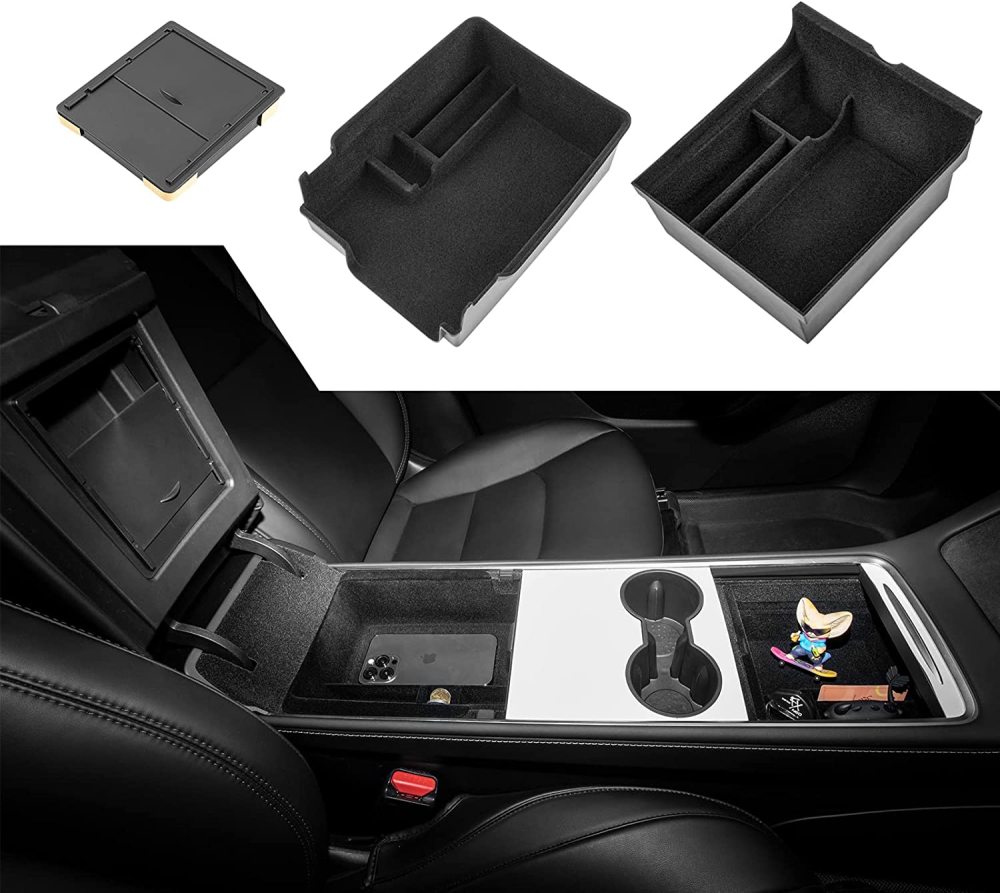 2022 Upgraded 3PCS Model 3 Model Y Flocked Center Console Organizer Tray Hidden Armrest Storage Box for 2022 2021 Tesla