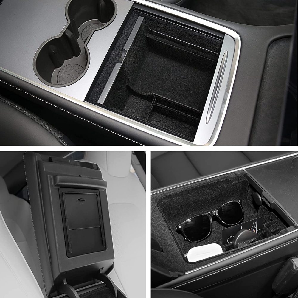2022 Upgraded 3PCS Model 3 Model Y Flocked Center Console Organizer Tray Hidden Armrest Storage Box for 2022 2021 Tesla