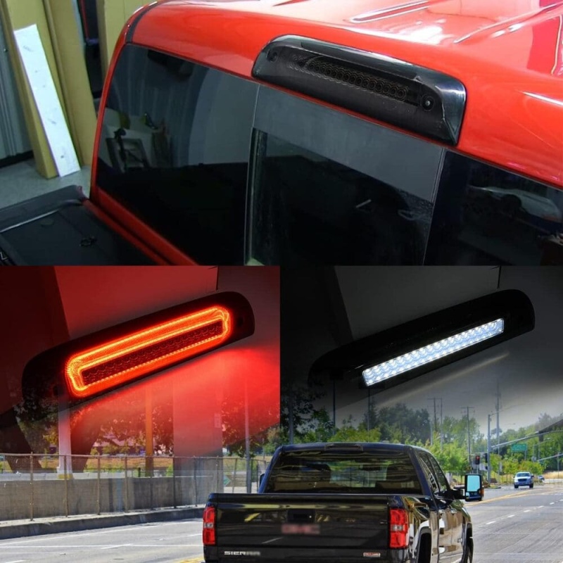 Led Third Brake Light Replacement for 2014-2018 Chevy Silverado GMC Sierra 1500 2500HD 3500HD Red Strobe Rear 3rd Brake Center High Mount Stop Lamp + White Cargo Light Kit Euro Smoked Lens