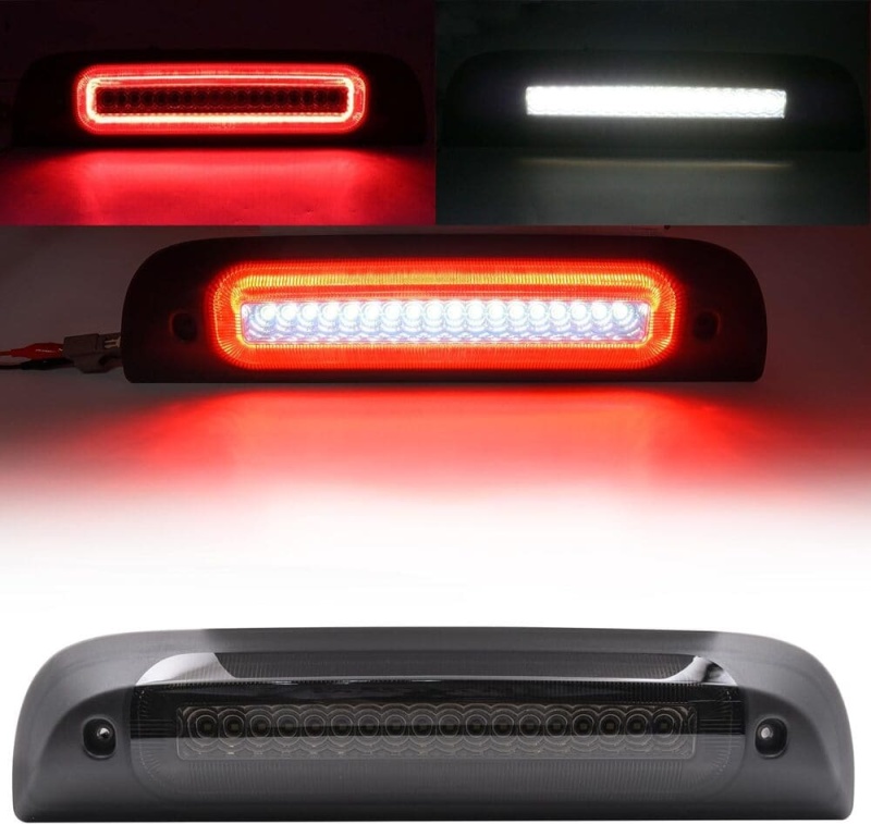 Led Third Brake Light Replacement for 2014-2018 Chevy Silverado GMC Sierra 1500 2500HD 3500HD Red Strobe Rear 3rd Brake Center High Mount Stop Lamp + White Cargo Light Kit Euro Smoked Lens