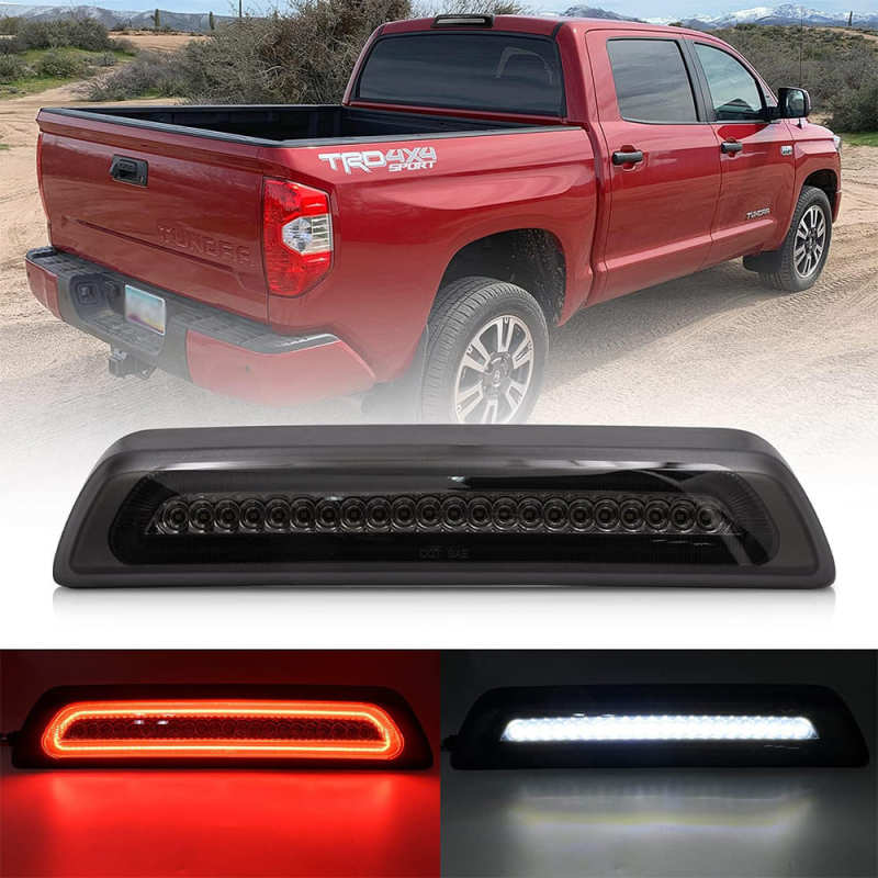 Led Third Brake Light Replacement for 2007-2021 Toyota Tundra XK50 Pickup Trucks Red LED Strobe Rear 3rd Brake Center High Mount Stop Lamp + White Cargo Light Kit Euro Smoked Lens