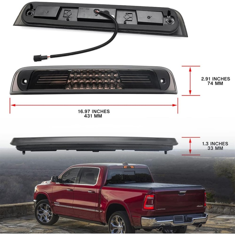 Led Third Brake Light Replacement for 2019 2020 2021 2022 2023 RAM 1500 Pickup Trucks Red LED 3rd Brake Center High Mount Stop Lamp White Cab Cargo Light Smoked Lens Truck Bed CHMSL