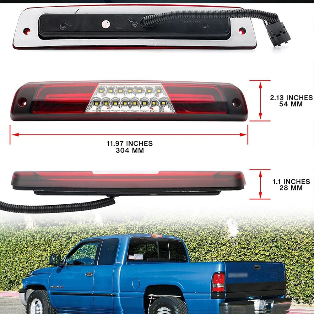 Led Third Brake Lights Replacement for 1994-2001 Dodge Ram 1500 2500 3500 Pickup Red LED 3rd Brake Center High Mount Stop Lamp White Cab Cargo Light Smoke/Clear Lens