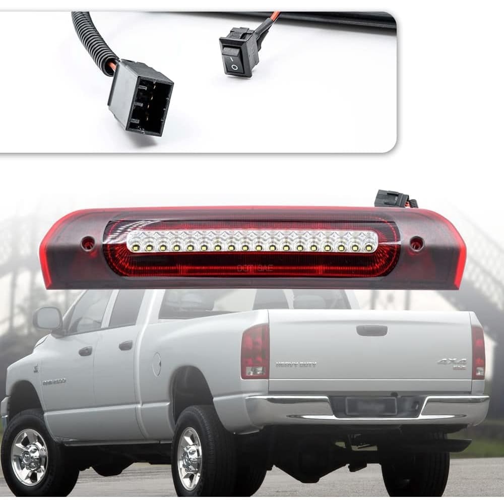 Led Third Brake Lights Replacement for 2002-2009 Dodge RAM 1500 2500 3500 Red LED Strobe 3rd Brake Light White Reverse Cargo Lights Kit Smoke/Clear Lens