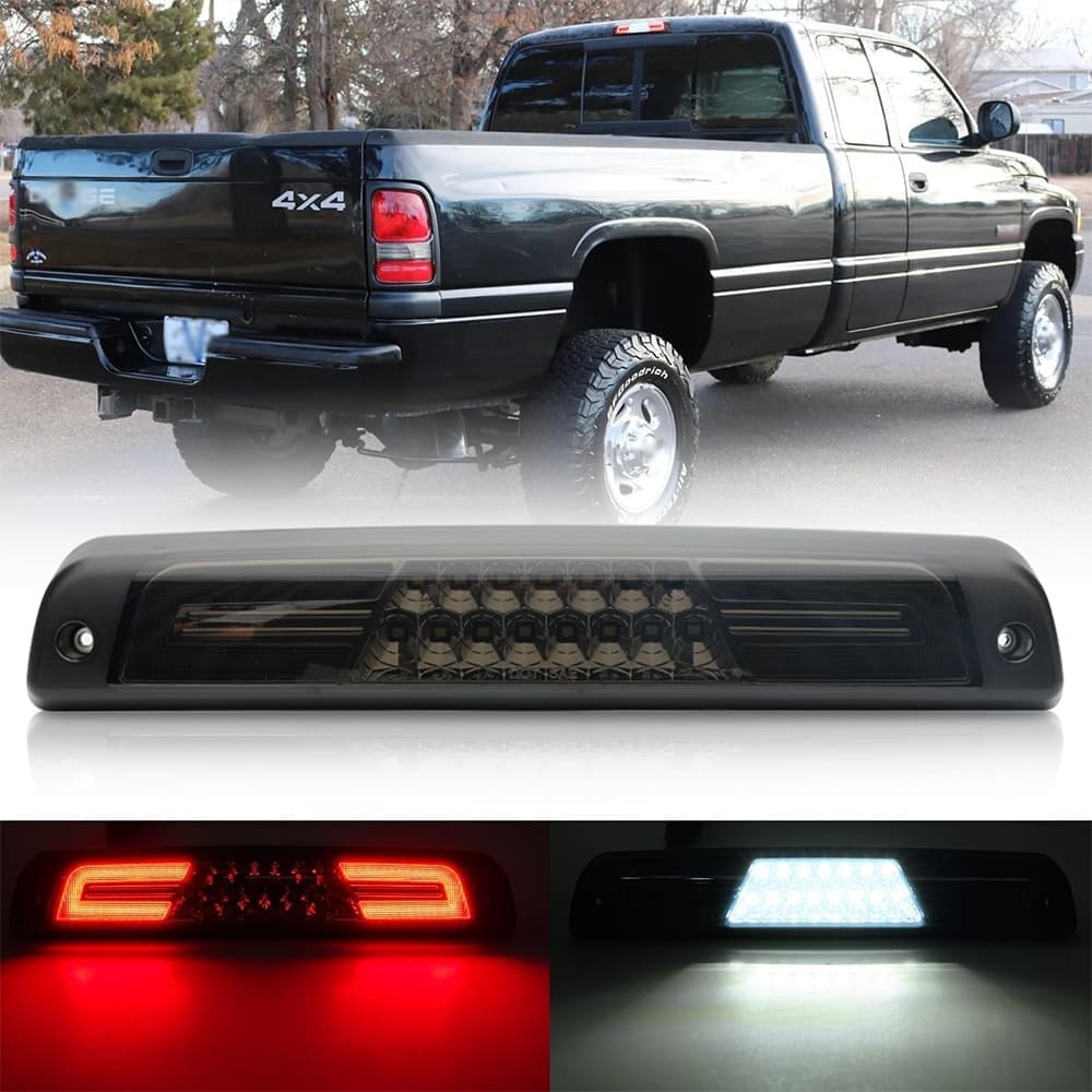 Led Third Brake Lights Replacement for 1994-2001 Dodge Ram 1500 2500 3500 Pickup Red LED 3rd Brake Center High Mount Stop Lamp White Cab Cargo Light Smoke/Clear Lens