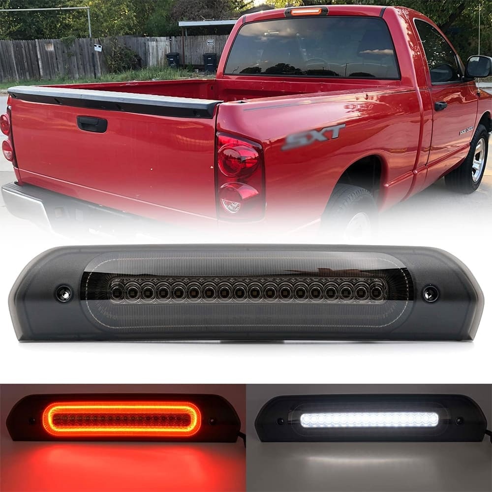 Led Third Brake Lights Replacement for 2002-2009 Dodge RAM 1500 2500 3500 Red LED Strobe 3rd Brake Light White Reverse Cargo Lights Kit Smoke/Clear Lens