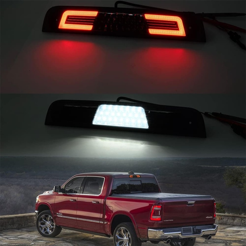 Led Third Brake Light Replacement for 2019 2020 2021 2022 2023 RAM 1500 Pickup Trucks Red LED 3rd Brake Center High Mount Stop Lamp White Cab Cargo Light Smoked Lens Truck Bed CHMSL