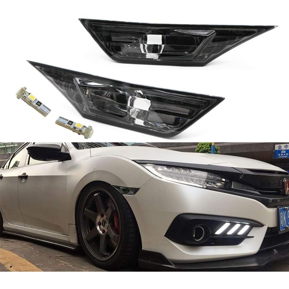 Front LED Side Marker Lights for Honda Civic 10th Gen 2016-2021 Coupe Hatchback with T10 Light Bulbs OEM#H02551127N Smoke/Clear Lens