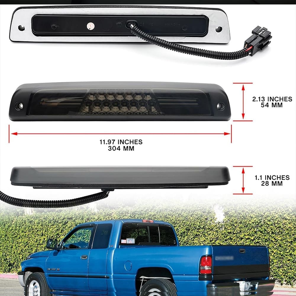Led Third Brake Lights Replacement for 1994-2001 Dodge Ram 1500 2500 3500 Pickup Red LED 3rd Brake Center High Mount Stop Lamp White Cab Cargo Light Smoke/Clear Lens