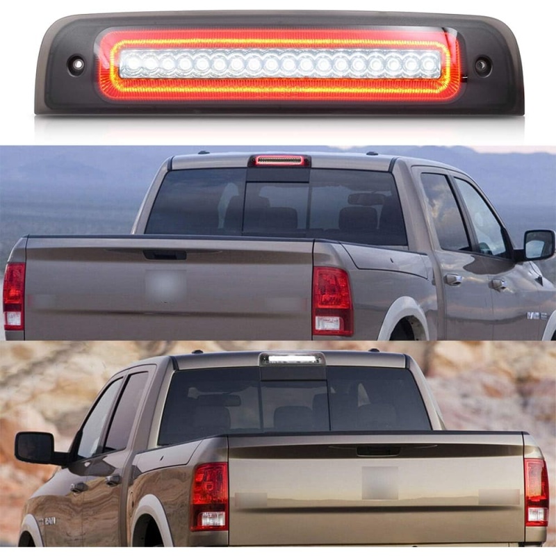 Led Third Brake Light for 2009-2018 Dodge Ram 1500 2500 3500 Pickup Red LED Strobe High Mount Stop Light White Cargo Light Smoke/Clear Lens Replace OEM 55372082AF