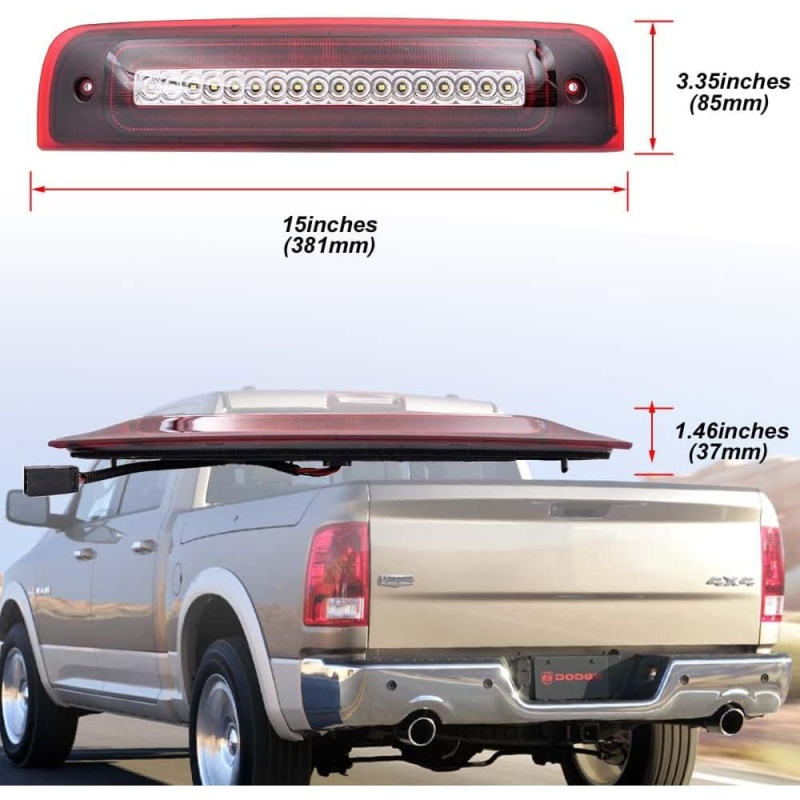 Led Third Brake Light for 2009-2018 Dodge Ram 1500 2500 3500 Pickup Red LED Strobe High Mount Stop Light White Cargo Light Smoke/Clear Lens Replace OEM 55372082AF