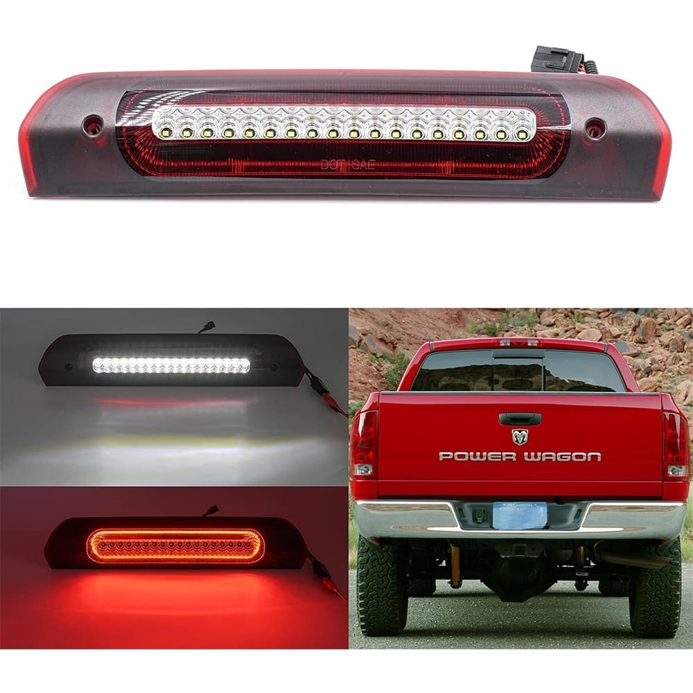 Led Third Brake Lights Replacement for 2002-2009 Dodge RAM 1500 2500 3500 Red LED Strobe 3rd Brake Light White Reverse Cargo Lights Kit Smoke/Clear Lens