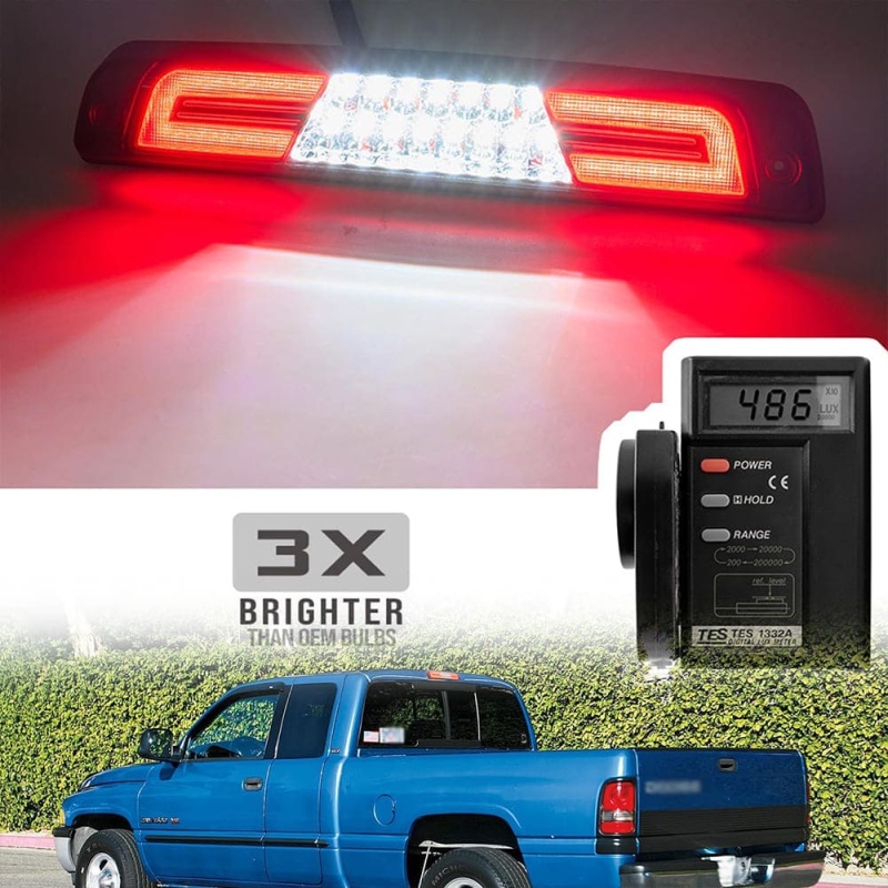 Led Third Brake Lights Replacement for 1994-2001 Dodge Ram 1500 2500 3500 Pickup Red LED 3rd Brake Center High Mount Stop Lamp White Cab Cargo Light Smoke/Clear Lens