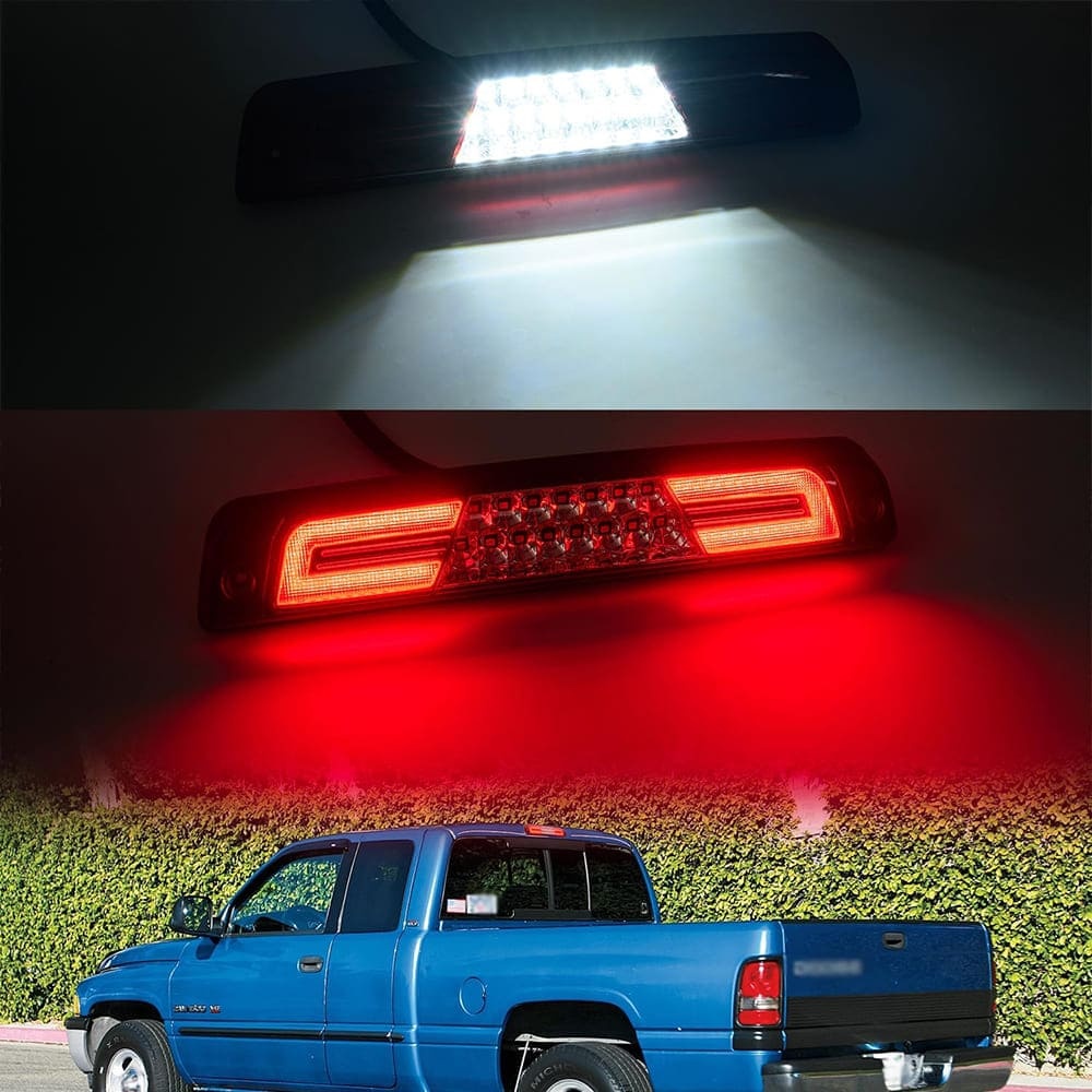 Led Third Brake Lights Replacement for 1994-2001 Dodge Ram 1500 2500 3500 Pickup Red LED 3rd Brake Center High Mount Stop Lamp White Cab Cargo Light Smoke/Clear Lens