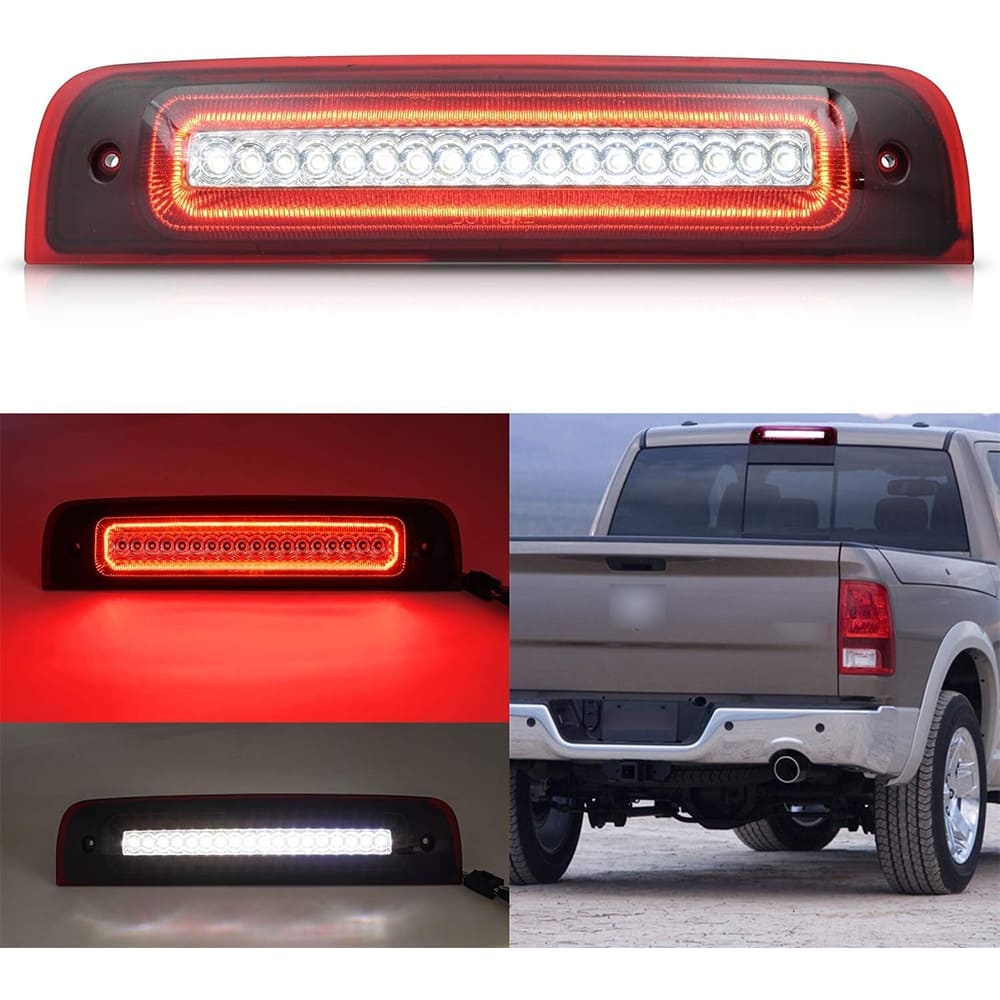Led Third Brake Light for 2009-2018 Dodge Ram 1500 2500 3500 Pickup Red LED Strobe High Mount Stop Light White Cargo Light Smoke/Clear Lens Replace OEM 55372082AF