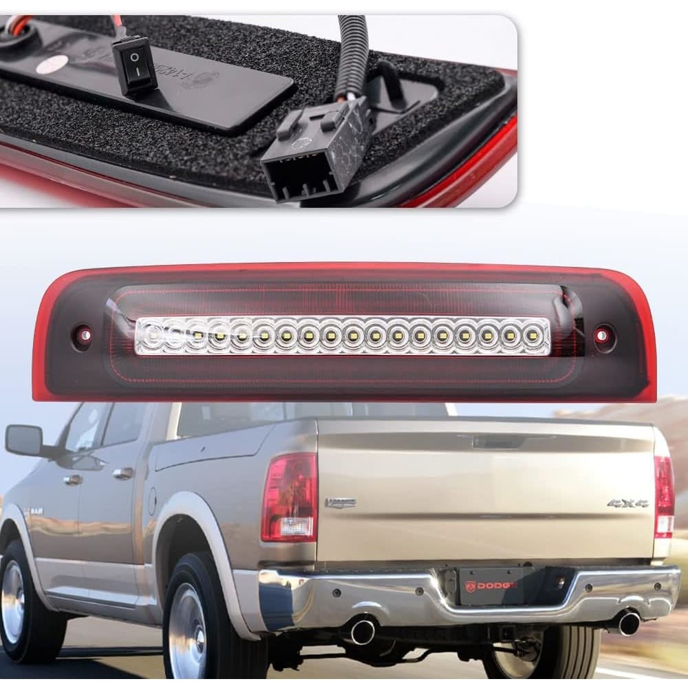 Led Third Brake Light for 2009-2018 Dodge Ram 1500 2500 3500 Pickup Red LED Strobe High Mount Stop Light White Cargo Light Smoke/Clear Lens Replace OEM 55372082AF