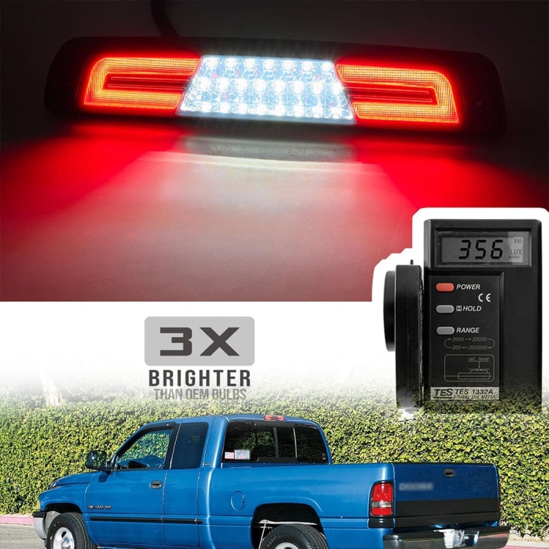 Led Third Brake Lights Replacement for 1994-2001 Dodge Ram 1500 2500 3500 Pickup Red LED 3rd Brake Center High Mount Stop Lamp White Cab Cargo Light Smoke/Clear Lens