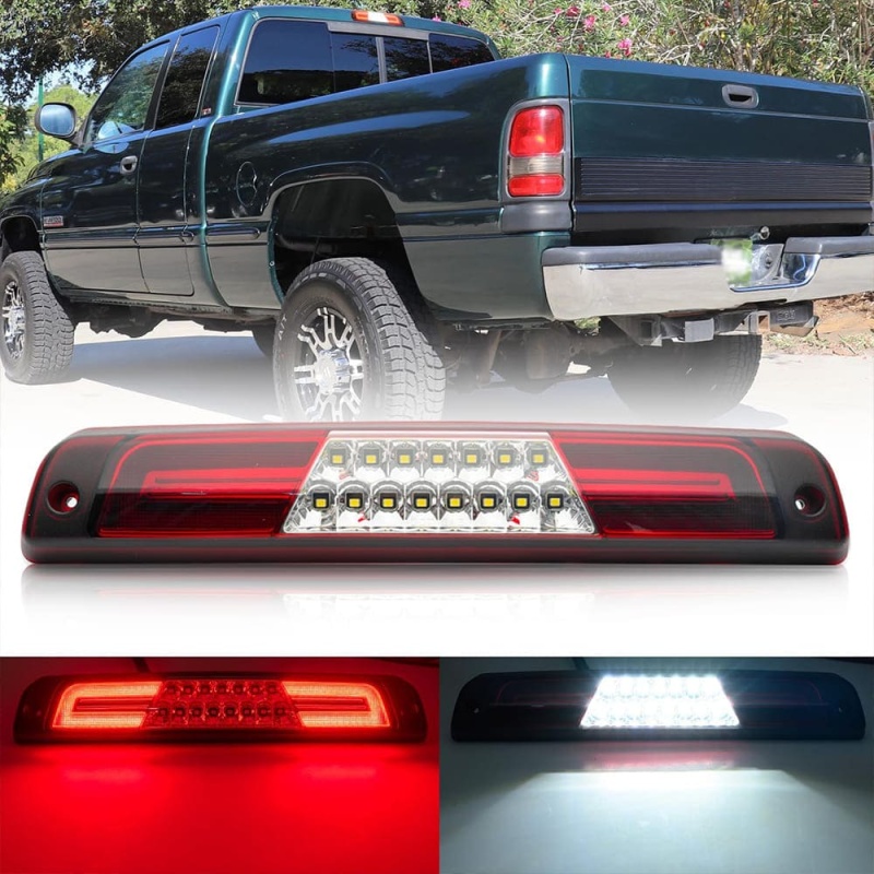 Led Third Brake Lights Replacement for 1994-2001 Dodge Ram 1500 2500 3500 Pickup Red LED 3rd Brake Center High Mount Stop Lamp White Cab Cargo Light Smoke/Clear Lens