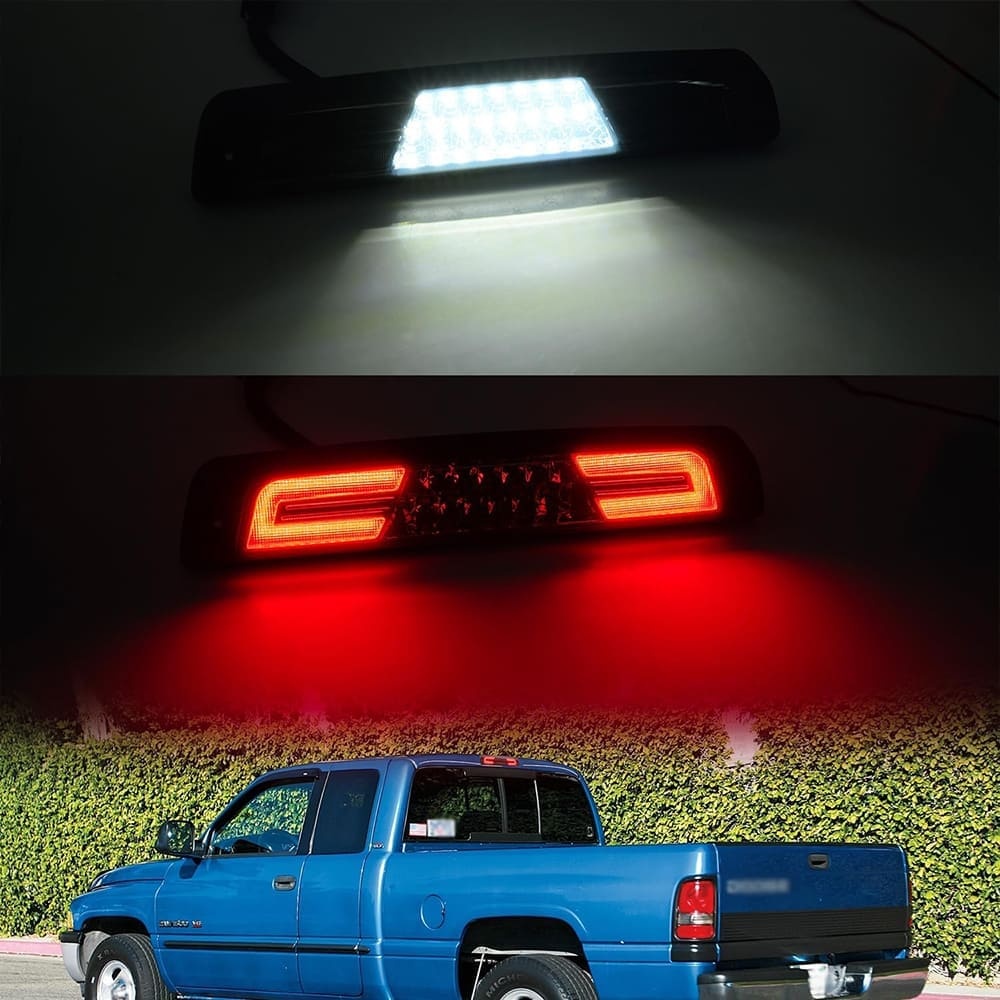 Led Third Brake Lights Replacement for 1994-2001 Dodge Ram 1500 2500 3500 Pickup Red LED 3rd Brake Center High Mount Stop Lamp White Cab Cargo Light Smoke/Clear Lens