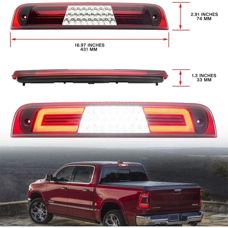 Led Third Brake Light Replacement for 2019 2020 2021 2022 2023 RAM 1500 Pickup Trucks Red LED 3rd Brake Center High Mount Stop Lamp White Cab Cargo Light Smoked Lens Truck Bed CHMSL