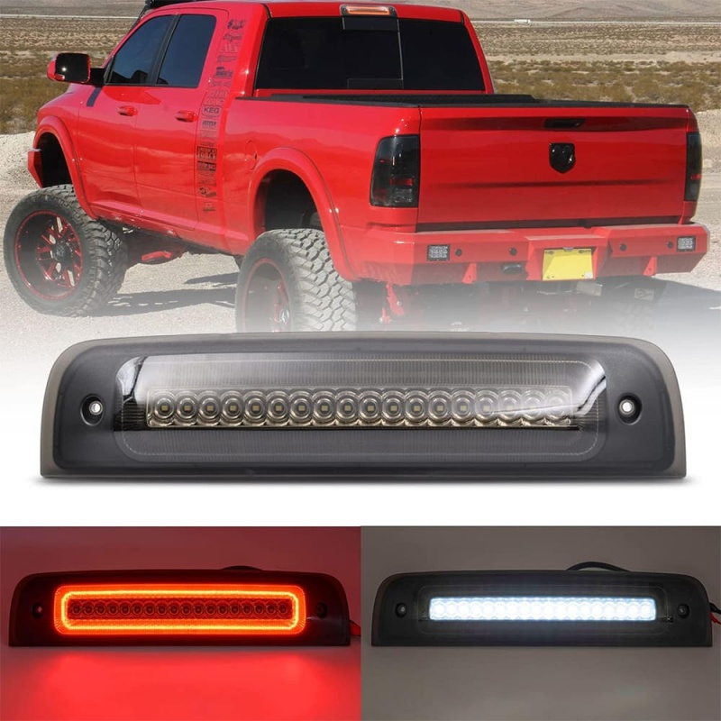 Led Third Brake Light for 2009-2018 Dodge Ram 1500 2500 3500 Pickup Red LED Strobe High Mount Stop Light White Cargo Light Smoke/Clear Lens Replace OEM 55372082AF