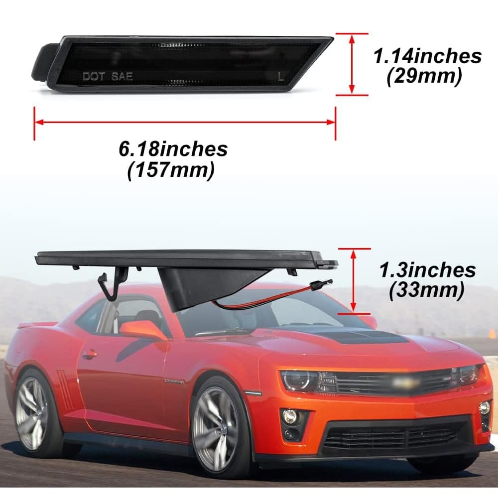 LED Side Marker Lights Replacement for Chevy Camaro 2010-2015 Euro Smoked Lens Xenon White Led Front Clearance Parking Marker Light Assembly Replace OEM Sidemarker Lamps