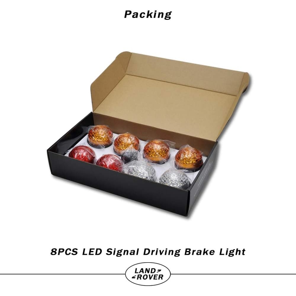 Defender Led Update Light Kit 8pcs 73mm Round Amber Indicatior Front Side Light Rear Tail Light for Land Rover Defender 90/110 with Flasher Colorful Lens Defender Light Assembly