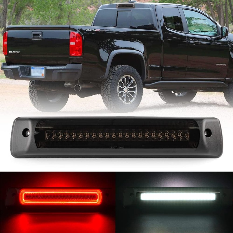 Led Third Brake Light Replacement for 2015-2022 Chevy Colorado GMC Canyon Pickup Trucks Red LED Strobe Rear 3rd Brake Center High Mount Stop Lamp White Cargo Light Kit Euro Smoke/Clear Lens CHMSL