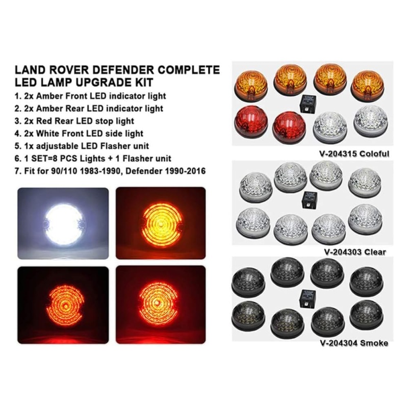 Defender Led Update Light Kit 8pcs 73mm Round Amber Indicatior Front Side Light Rear Tail Light for Land Rover Defender 90/110 with Flasher Colorful Lens Defender Light Assembly