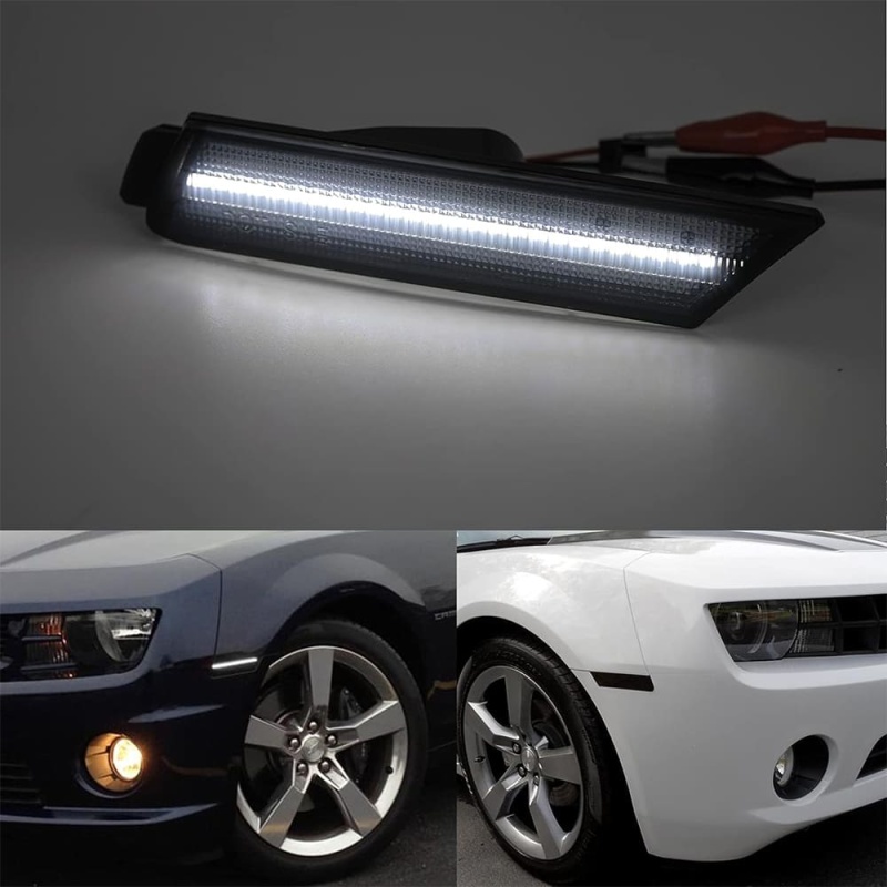 LED Side Marker Lights Replacement for Chevy Camaro 2010-2015 Euro Smoked Lens Xenon White Led Front Clearance Parking Marker Light Assembly Replace OEM Sidemarker Lamps