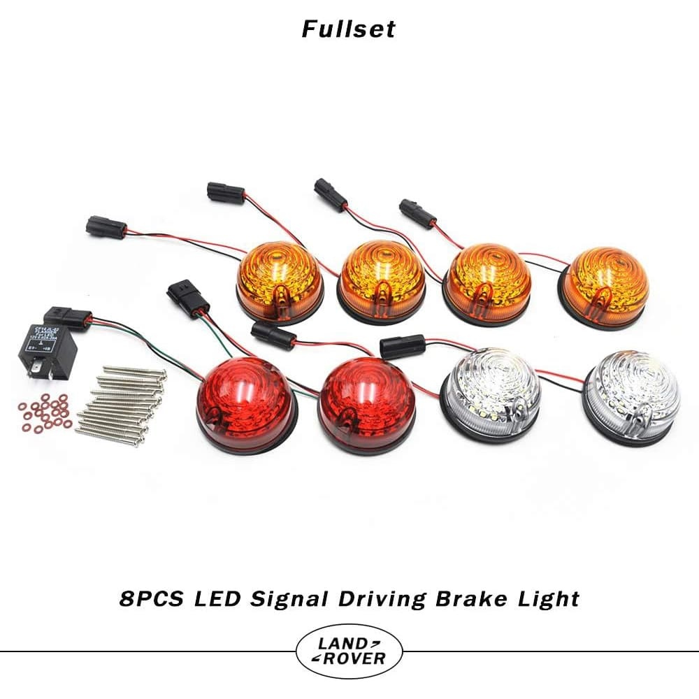 Defender Led Update Light Kit 8pcs 73mm Round Amber Indicatior Front Side Light Rear Tail Light for Land Rover Defender 90/110 with Flasher Colorful Lens Defender Light Assembly