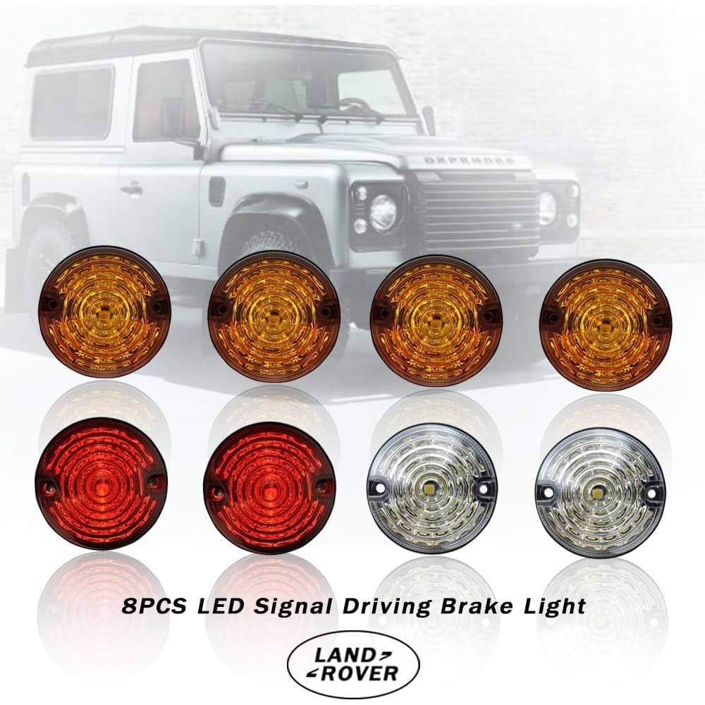 Defender Led Update Light Kit 8pcs 73mm Round Amber Indicatior Front Side Light Rear Tail Light for Land Rover Defender 90/110 with Flasher Colorful Lens Defender Light Assembly