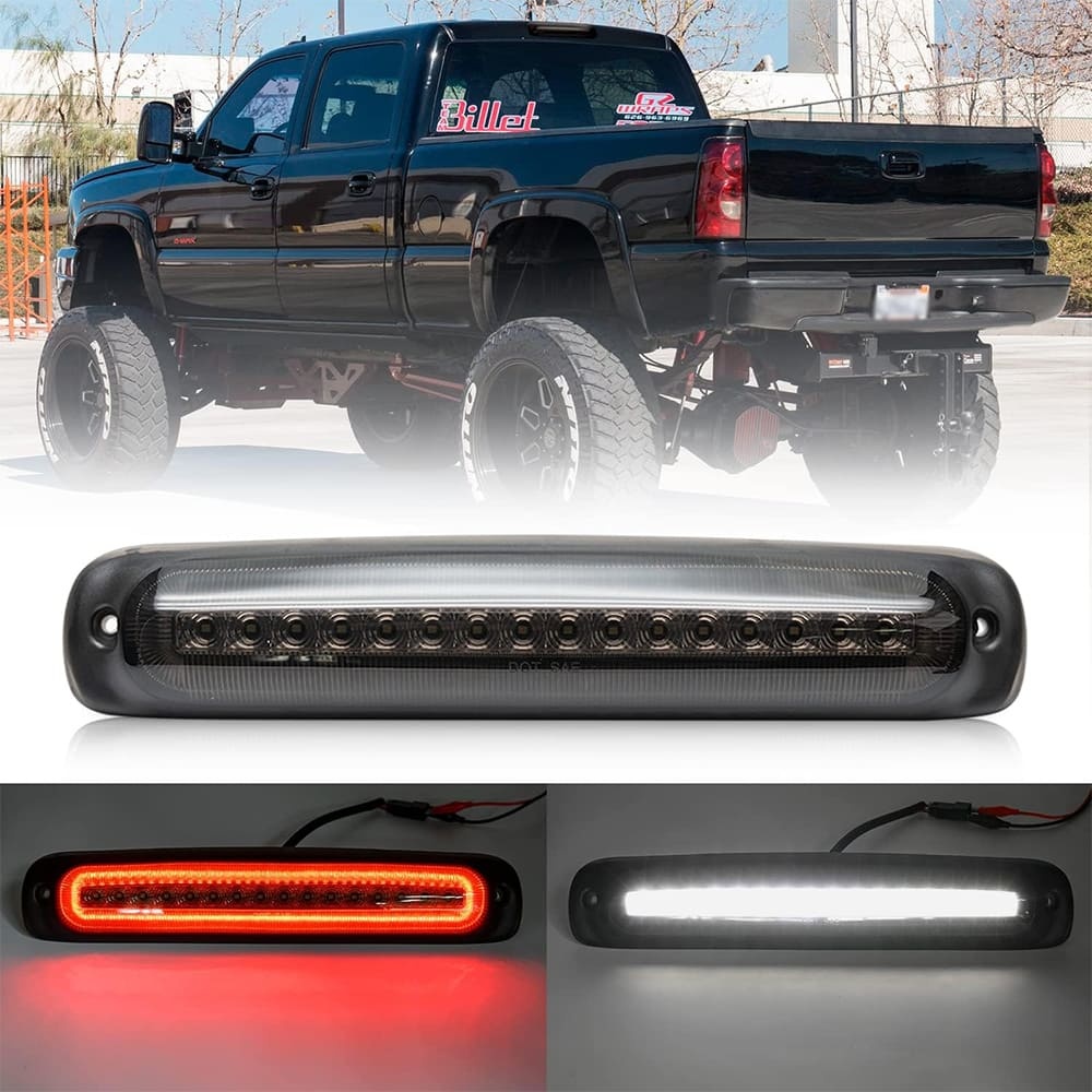 Led Third Brake Light Replacement for 1999-2006 Chevy Silverado GMC Sierra 1500 2500 Red LED Strobe Rear 3rd Brake Center High Mount Stop Lamp + White Cargo Light Kit Euro Smoked Lens