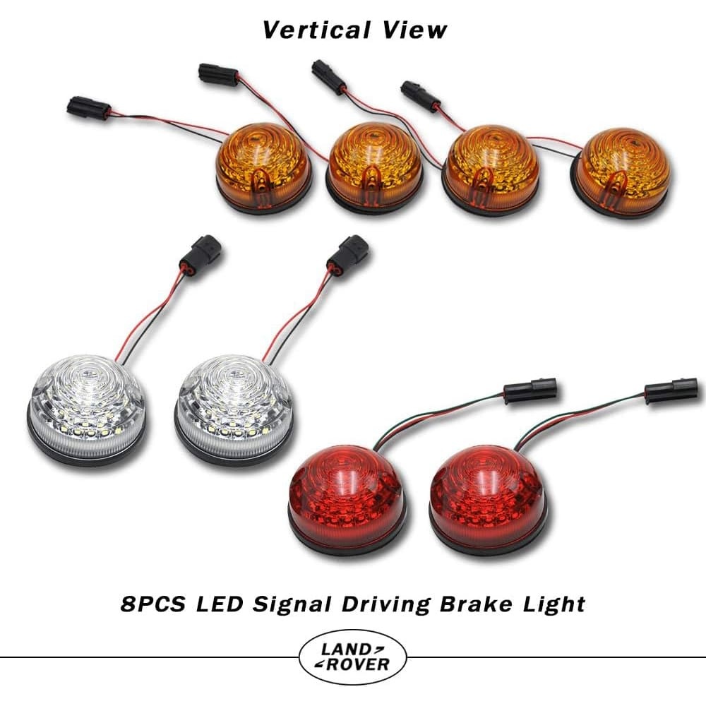 Defender Led Update Light Kit 8pcs 73mm Round Amber Indicatior Front Side Light Rear Tail Light for Land Rover Defender 90/110 with Flasher Colorful Lens Defender Light Assembly