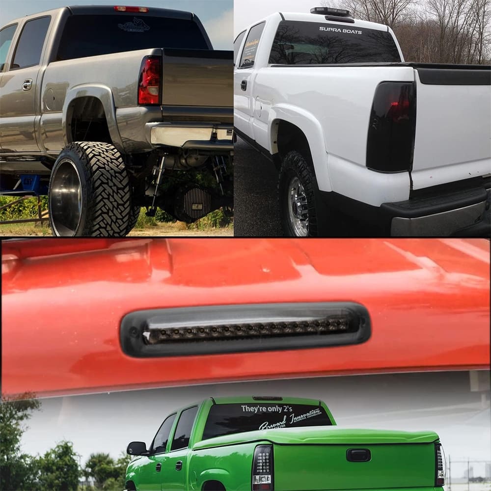 Led Third Brake Light Replacement for 1999-2006 Chevy Silverado GMC Sierra 1500 2500 Red LED Strobe Rear 3rd Brake Center High Mount Stop Lamp + White Cargo Light Kit Euro Smoked Lens