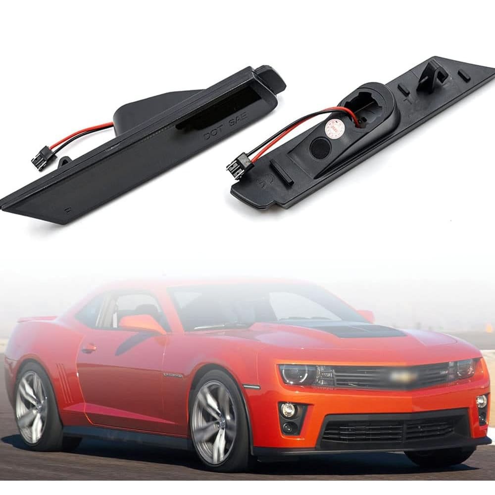 LED Side Marker Lights Replacement for Chevy Camaro 2010-2015 Euro Smoked Lens Xenon White Led Front Clearance Parking Marker Light Assembly Replace OEM Sidemarker Lamps